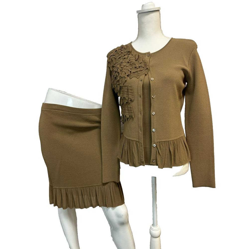Doncaster‎ New True Romance Cardi Tank Skirt Set Mocha Brown Feminine Ruffles, S